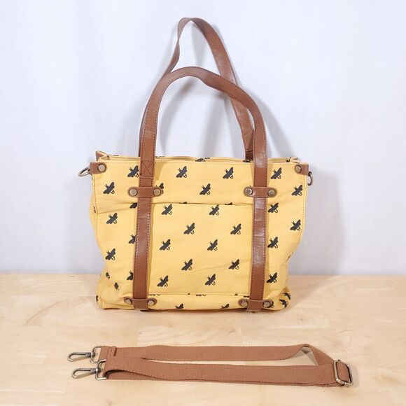 Modcloth Camp Director Tote Honey Bee Print Yellow Canvas Crossbody Strap - Picture 1 of 11